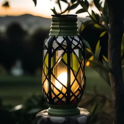 A lantern wrapped in a Palestinian scarf with an olive inside