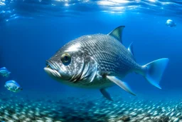 A Mola tecta fish swimming in the ocean with anchovies in the background.