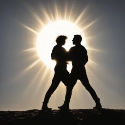 [silhouette, back lighting] Jacob wrestling with angel, standing in front of a bright sun