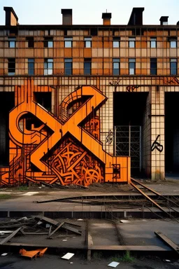 An orange colored destroyed factory with letter Xs painted by Keith Haring