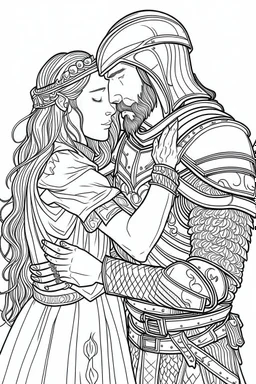 Fantasy coloring page, minimal detail. HD. Woman embracing a male knight with a beard