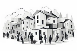 generate an image like a draw minimal style black and white pencil style, group of people doing Housing and Accommodation