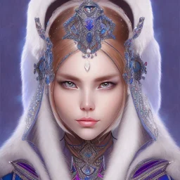 she had a blue mantle over her, with strings for the neck, and it was inlaid with gems quite down to the skirt. On her neck she had glass beads. On her head she had a black hood of lambskin, lined with ermine. A staff she had in her hand, with a knob thereon; it was ornamented with brass, and inlaid with gems round about the knob. Around her she wore a girdle of soft hair