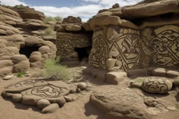 A brown rocky ruins designed in native American petroglyphs