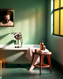 Bathroom scene, big hair monster into bath, Wes Anderson style, realistic photo, realistic image, concept art, smooth, unreal engine 5, god lights, ray tracing, RTX, lumen lighting, ultra detail, volumetric lighting, 3d.