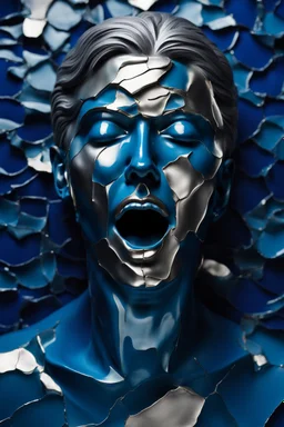 Blue and silver colors chipped, cracked porcelain human face with closed eyes and screaming mouth, high detalied, sharpen, crepy stunning, photorealistic, cinematic, blur background with melting