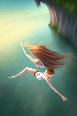 Girl falling off a bridge, top view, long hair, cute, beautiful