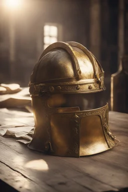 The Roman centurion's golden helmet lies on an old cracked wooden table. Next to it on the table is a cross on a string and a scroll of parchment. A ray of sunlight reflects off the helmet. All around is the entourage of ancient Rome. High quality image in 8K