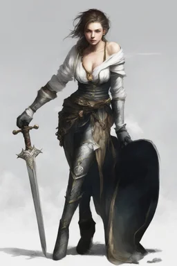 A female cleric dressed for the cold with a sword.