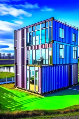 A three story house built from shipping containers, in the country