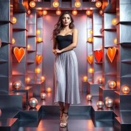 make a picture pretty stage made of metallic blue-gray teme 3d recursive cubic and sphere and heart simbol lights s base structures and a beautiful fashion model lady standing with cute in scene with sexy top and pretty pleated midi skirt ,makeup curvy long hair,dynamic camera zoom to full body and pan, dynamic lights.