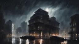 (Masterpiece) A building, in the middle of city, dark night, rains, extreme quality, alot of buildings,