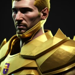 portrait lionel messi, dress armor, golden statue, Unreal Engine 5, highly detailed, highest quality, digital painting, complex 3d render