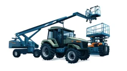 a generic Boom-lift(Left extended overhead), tractor(Middle) and scissor-lift(Right) on a white background. Smooth vector