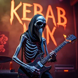 a very thin swedish man (near skeleton), with a plague mask with only a hole for the mouth (no eyes), he is called "KEBAB MAN" performing at death metal club, his name is "KEBAB MAN" kebab rolls On stage, kebab Neon lights and smog, and "KEBAB MAN" big sign on the wall, kebab tribal tattooes, spinning kebab machines, flames and smoke, chaos, he playing a metal guitar with flames