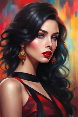 A full body Portrait of a beautiful young woman, slanted, dark eyes with large eyelashes, voluminous wavy black hair, red lipstick, thin strap blouse, colorful, perfect face, shine, realistic, best image quality, oil paint, Light clothes, vivid colors, Thin strap blouse, Art By Jon Bauer,, By cgsociety,standing