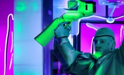 futuristic man in green suit, restaurant with purple lights, full of people, pointing a gun