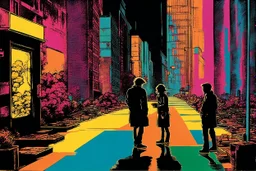 classic painting of a cyberpunk colourful walkway with two people making an exchange in the city with pollution by andy warhol