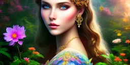 bright fairy, beautiful portrait, flowery landscape