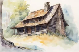 ink wash and watercolor illustration of a highly detailed, 18th century rough hewn New England clapboard cabin, with dry laid stone fireplace, in a towering oak forest, in the comic book style of Bill Sienkiewicz and Jean Giraud Moebius ,rich vibrant earth tone colors,