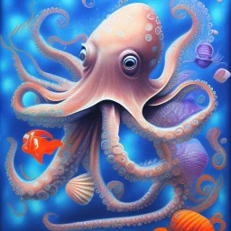 beautiful mystical underwater octopus, seashell, fish, high quality, acrylic paints, pastel colors, by Renoir