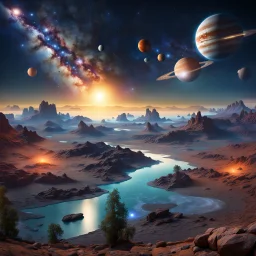 Beautiful view five planets Jupiter, Mercury, Venus, Uranus, Mars align sky universe filled with night stars constellations and milkyway. Modifiers: sharp focus extremely detailed Award winning photography fantasy intricate 8k beautiful dynamic lighting award winning fantastic view high definition crisp quality Unreal Engine colourful VRay