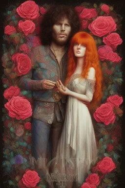 Jim Morrison and Pamela Courson ,music, ignoreNSFW, watermark, bohemian style , blurry,beautiful,elegant,roses, fantasy by ann dittman