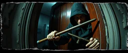 weird ass burglar breaking open a door with a crow bar , pinhole cam, airbrush 3d rendering, in the style of John Atkinson Grimshaw , torn edges on border