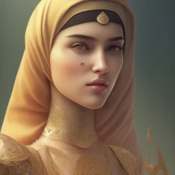 Arab young woman ,Arabic features، cute, beautiful, black eyes,Natural contours, real skin ,Modest Arabic style dress، head and shoulders portrait, cinematic, 8k, resolution concept art portrait by Greg Rutkowski, Artgerm, WLOP, Alphonse Mucha dynamic lighting hyperdetailed intricately detailed