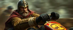 gokart mozart crusader with gloves bewildered looks beyond really powerful, fantasy illustration in the style of Rembrandt, motion blur background