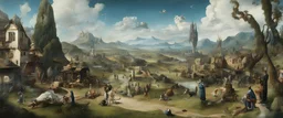 Salvador Dali & Hieronymus Bosch An outdoor surrealist market in a beautiful surreal outdoor countryside summer scene with hills, intricate dwellings, weird creatures, many pathways & stairways, waterfalls, & a waterwheel : very high detail, photorealistic, epic cinematic, 8K, Large depth of field