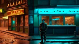 In the heart of an empty, dreamlike cityscape, a lone man stands before a shuttered bar with a flickering neon sign that reads “Last Call”—though the letters melt like candle wax into the pavement. His mouth is open in a silent scream, stretched impossibly wide, as if trying to release something too large for sound. The streetlights bend unnaturally toward him, casting elongated, unnatural shadows. Surrealism