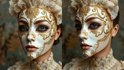 Maquillaje de máscara veneciana orgánica, donde la máscara no es un accesorio sino que está pintada y esculpida sobre la piel con encaje real embebido en maquillaje y detalles de pan de oro.