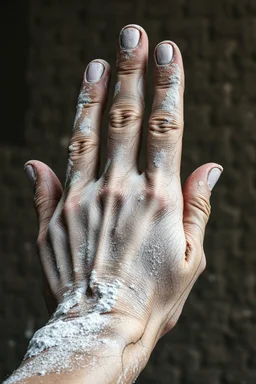 A big hand of a giant human textured with white powder and muddy skin with cracks and corrosion