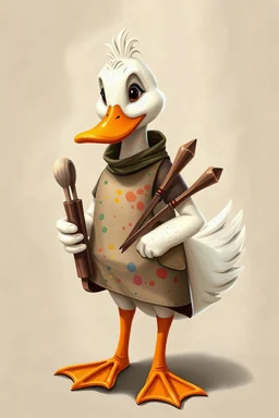 Anthropomorphic female duck sculptor, wearing paint-splattered smock, orange webbed feet, gentle eyes, carrying woodworking tools, soft edges, detailed illustration, storybook art, 2D animation style, children's book illustration