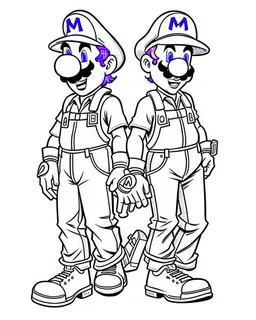 Waluigi and mario coloring page, full body (((((white background))))), only use an outline., real style, line art, white color, clean line art, white background, Sketch style