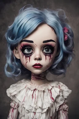 full color, illustration of a dark, menacing, monster girl Singer Melanie Martinez , as a decayed, broken, crude homemade cloth doll toy, with a narrow cracked porcelain face, thick dark eyebrows, hair made from ragged strips of cloth, in the style of Alex Pardee, Tim Burton, and Nadya Sheremet