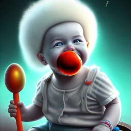 a smiling human clown baby called tobias leander with hair, playing with toys, sitting in chair, photo realistic spray painting, book cover