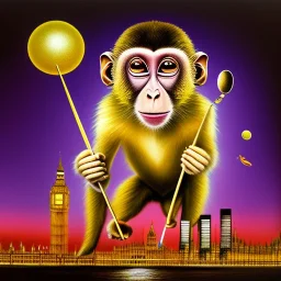 A monkey playing the drums, london skyline at night, in the style of Salvador Dali