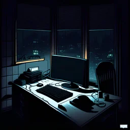 night dark room with a clean desk and a big computer light coming out of it and a keyboard on the desk cartoon vampire city