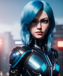 Cyborg anime warrior, light blue hair, blue eyes, waist up portrait, 8k resolution, intricate details, ornate details, soft lighting, vibrant colors, retroanime, masterpiece, intricate eyeliner, dark eyeshadow, eyes, intricate tattoos, futuristic cityscape background