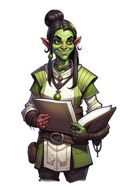 Dungeons and dragons half orc girl. She has green skin and pointy ears. She is kind and happy. She carries a book and wears tavern keeper clothing. Realistic style