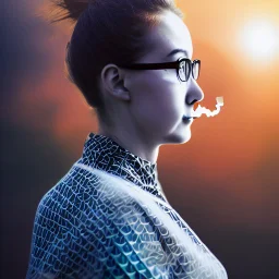 smoke plume, smog, city scape with pollution, woman, double exposure photography, colourful nature, clean sharp focus, on white background, Fractal Geometry buildings, sacred geometry