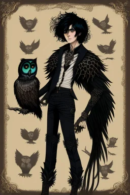 black haired young man necromancer wizard with gothic jewelry and Feathery owl-like hair, has the lower legs of an owl, in the style of Aubrey Bearsly