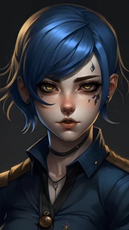 Realistic anime art style. Her eyes are marked with black eyeliner. Her lips are painted with matte black lipstick. She has gold-beige skin and brown eyes, and her short electric blue hair is neatly combed. She is wearing a fitted black button-up shirt, a mid-length white skirt, and dark blue combat boots with black laces