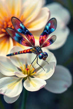 A beautiful colorful Dragonfly on a white flower Bosch painting style nightmare