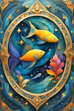 pisces zodiac astral card, 3d, Picasso drawing style, sharp focus, 8k, 3d, very detailed, very colorful, ornate, grim, fine artt, low poly geometric, whimsical , insanely detailed and intricate, glowing, translucent, beams, botero, brush strokes