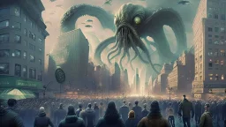 a crowd enjoys watching our lovecraftian alien overlords attack major cities