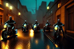 biker gang,night lighting,rainy, realistic, unity engine, cinematic lighting, scriptable render pipeline.