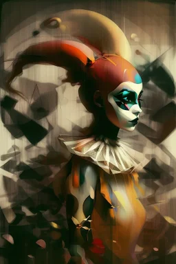 Digital Art of merry harlequin embodying the essence of merriment in a , minimalist approach, influenced by Luis Miranda, Jeremy Mann, Jeffrey Catherine Jones, blends conceptual art with elements of painting and illustration, somber tones, fragmented souls, shadow play, diffuse textures, abstract forms, digital painting, high conceptuality, palette inspired by Jeffrey Catherine Jones, golden ratio composition, fine detail, cinematic lighting.